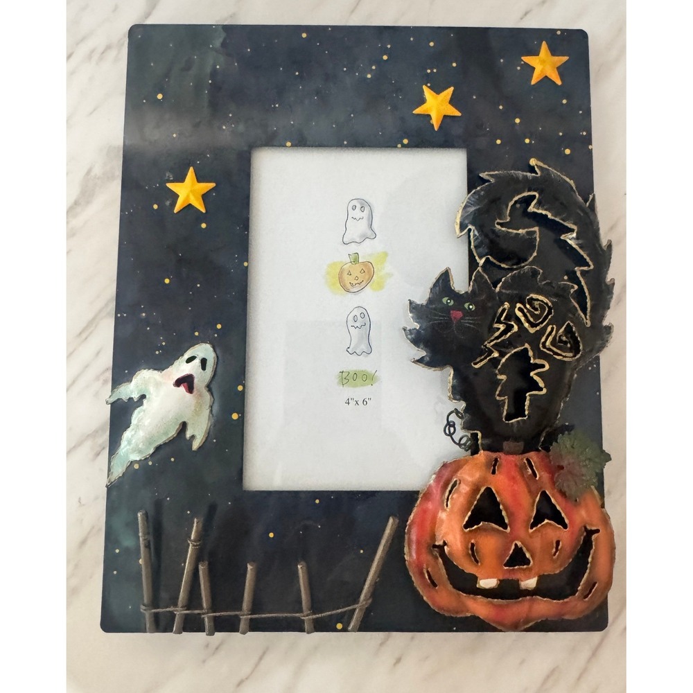 Halloween 4x6 Picture Frame Metal 3D Black Cat Pumpkin Ghost Starry Night Decor